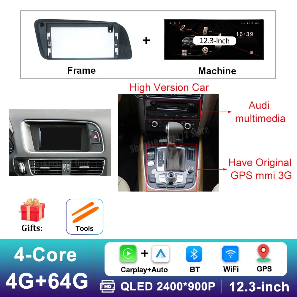 12,3 inch GPS Navigatie Draadloze Carplay Android 16 voor Audi Q5 2009 - 2017 BT Auto Multimedia Video Radiospeler 4G Auto Gereedschap