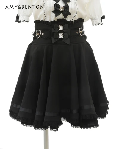 

Japanese Mine Mass-Produced Mini Skirt Women Spring Summer Ribbon Bow Diamond Pearl Buckle Plaid Skirt Sweet Lolita Short Skirt