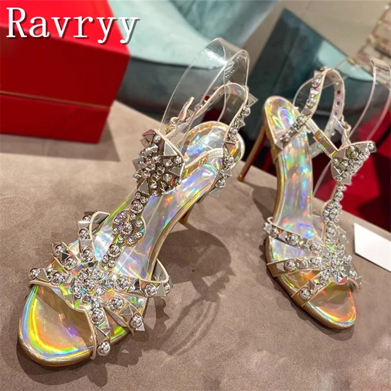 

Luxury Design Rhinestone High Heels Sandals Woman New Genuine Leather Open Toe Rivet Ankle Strap Stiletto Shoes