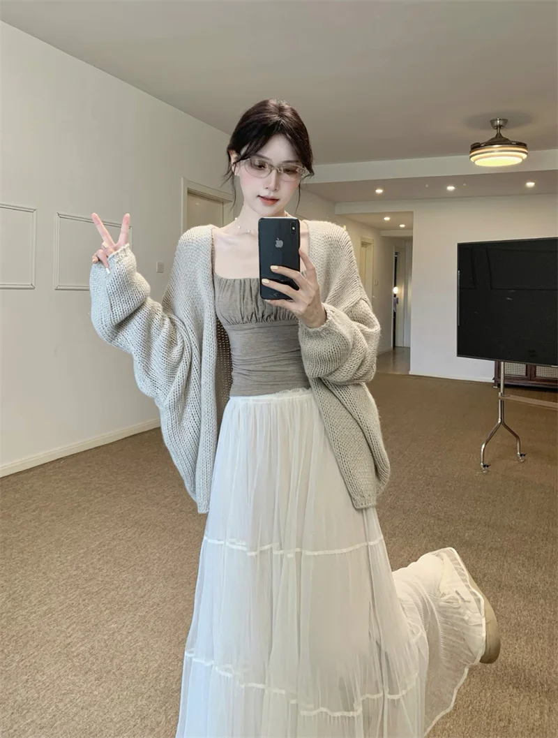 

Laid-back Style Sweater Cardigan Coat Inner Strap Women's Spring Full Skirt Skirt Three-piece Set Casual Commute Fashion