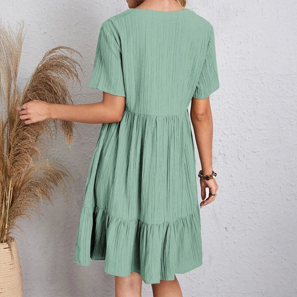 Women Summer Dresses Spring V-Neck Short Sleeve Loose Waist Ruffle Fit Flare Vocation Dresses
