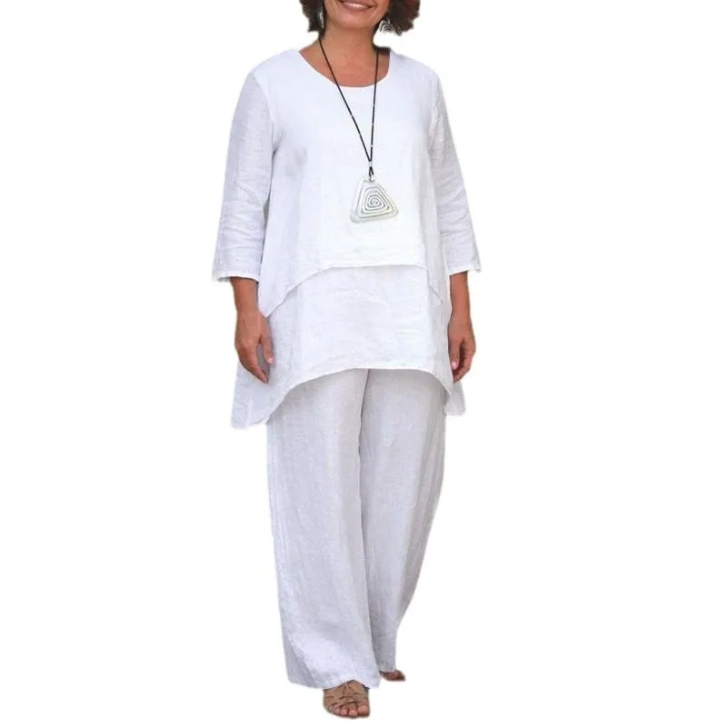 Cotton Linen Fake Two-piece White Set Women\'s Casual Round Neck Irregular Top + Wide-leg Pants 2-piece Suit Loose Women Outfit