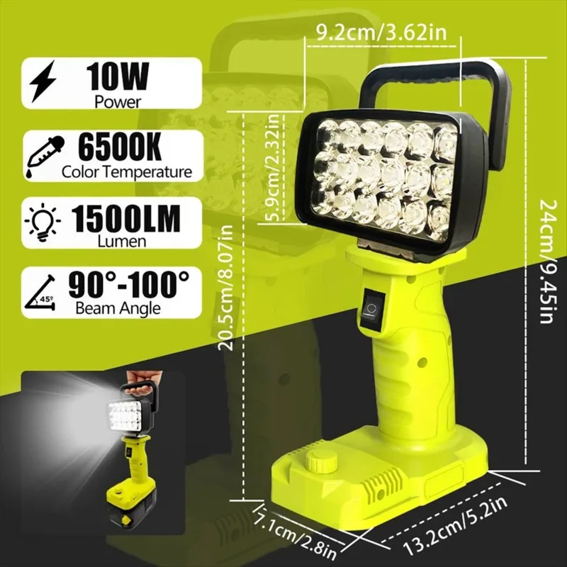 Portable LED Work Light Construction Site Floodlight Suitable for Ryobi 18V Batteries Night-time Lighting for Outdoor Camping