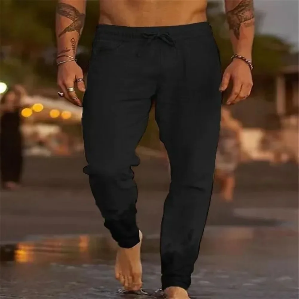 Men's Beach Pants Joggers Streetwear Cotton Linen Sweatpants Casual Pants Hawaiian Vacation Loose Summer Straight Pants Male