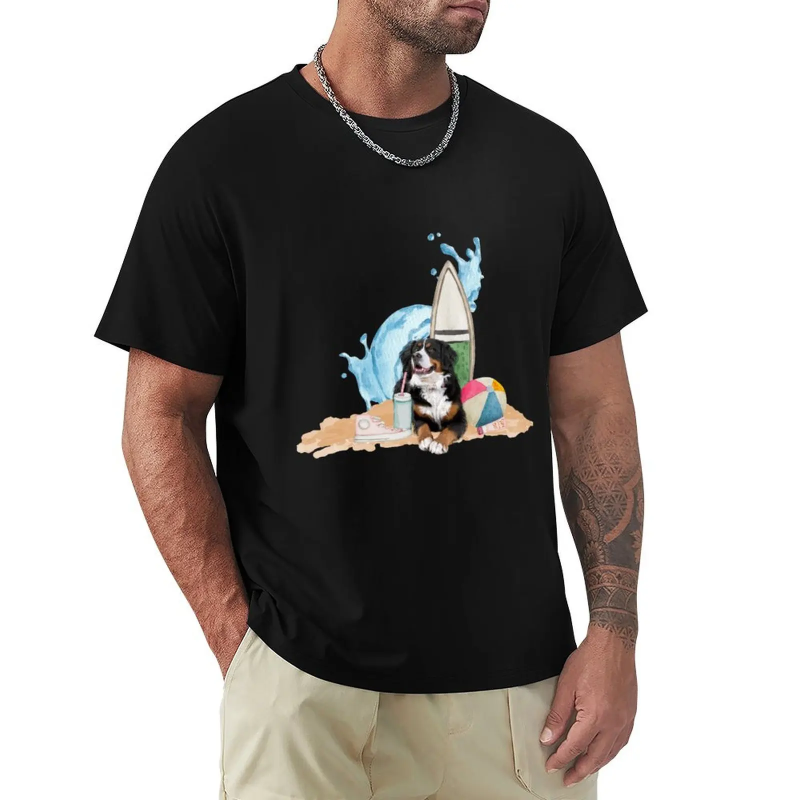 Bernese Mountain Dog: Bernese Mt. Dog with surfboard and waves T-Shirt vintage anime shirt plus sizes vintage t shirt men