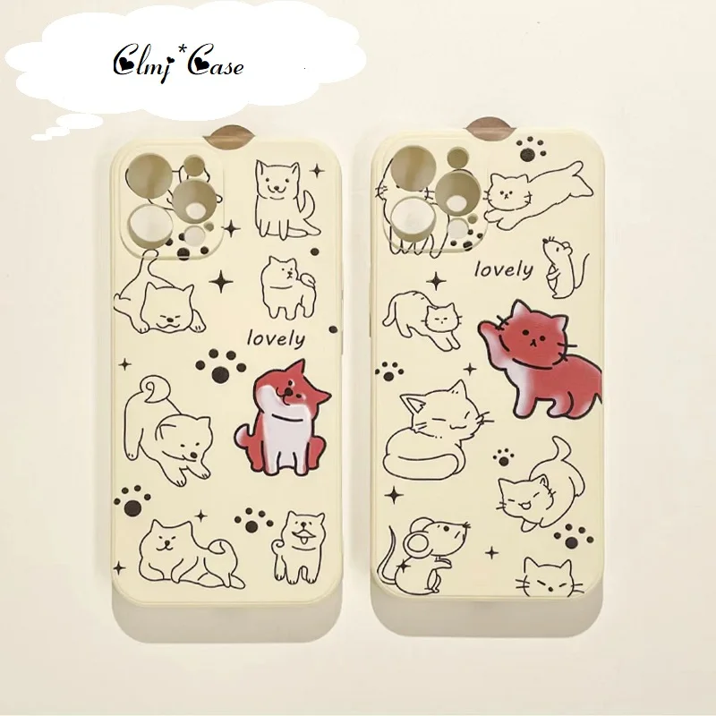 

Clmj Cute Cat Dog Couple Phone Case For iPhone 11 12 Mini 13 Pro 14 XR XS Max X 7 8 Plus Se 2020 Silicone Protective Soft Cover