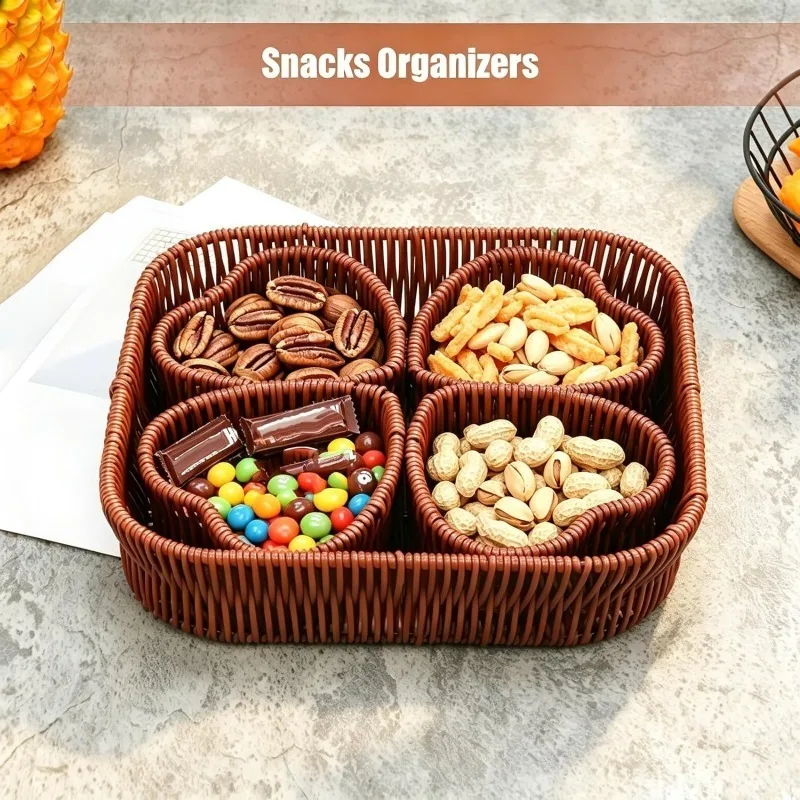 1Set Wicker Organizer Tray Set of 5, Synthetic Rattan, Square Tray with 4 Heart-Shaped Organizers, 10.2x10.2 Inch, Washable