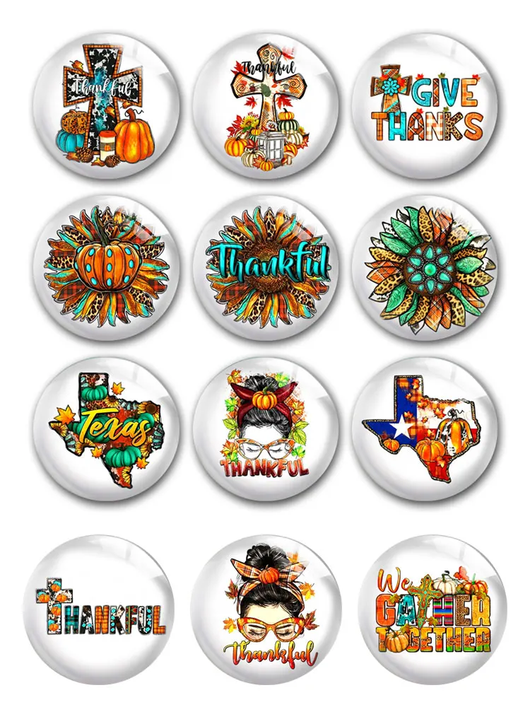Handmade Thanksgiving Sunflower Pumpkin Fall Round Photo Glass Cabochon Flatback Demo Flat Back Cameo For Diy Jewelry Making