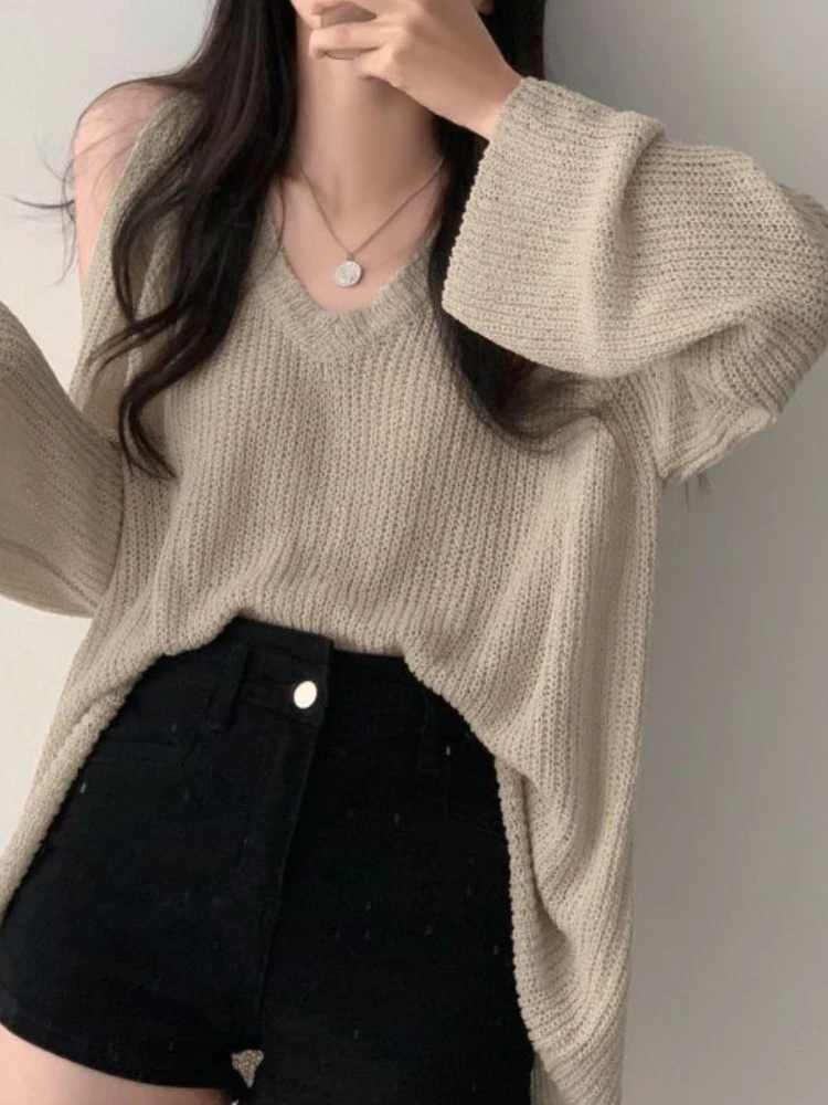 Deeptown Oversized Sweater Knitted Hollow Out V-neck Off The Shoulder Tops Long Sleeve Solid Color Pullover 2024 Autumn Sweater.