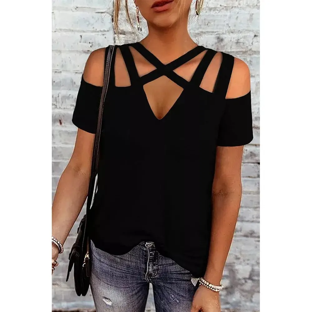 Shiying Strappy Cross Short-sleeved Blouse Women\'s Black Slim Slimming Design T-shirt Shows Body Hot Girl