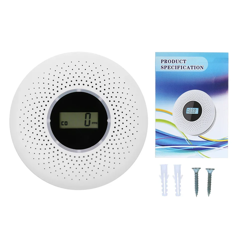 ESCAM 2-in-1 LCD-scherm Koolmonoxide- en rookcombinatiedetector Werkt op batterijen CO-alarm met LED-licht Knipperend geluidswaarschuwing