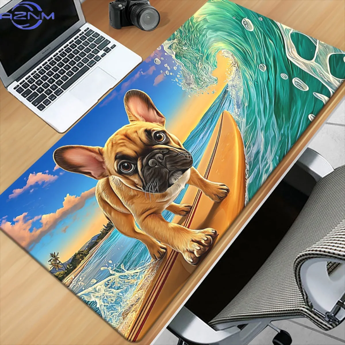 1pc XXL French Bulldog Surfing HD Printed Desk Mat - Non-Slip Gaming & Office Computer Keyboard Mouse Pad with Surfing Frenchie