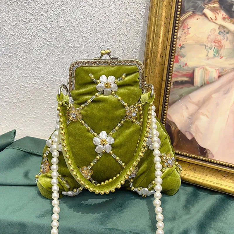 

Роскошная бархатная сумка с цветочным узором ручной работы, Cheongsam, вечерние сумки для ужина, жемчужные цепочки, сумка через плечо для женщин, сумка с зажимом в виде ракушки