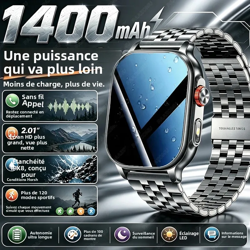 Montre connectée 2026 pour femmes et hommes, batterie intégrée de 1400 mAh, étanche, fonction d'appel Bluetooth, écran de 2,01 pouces pour Android et iOS