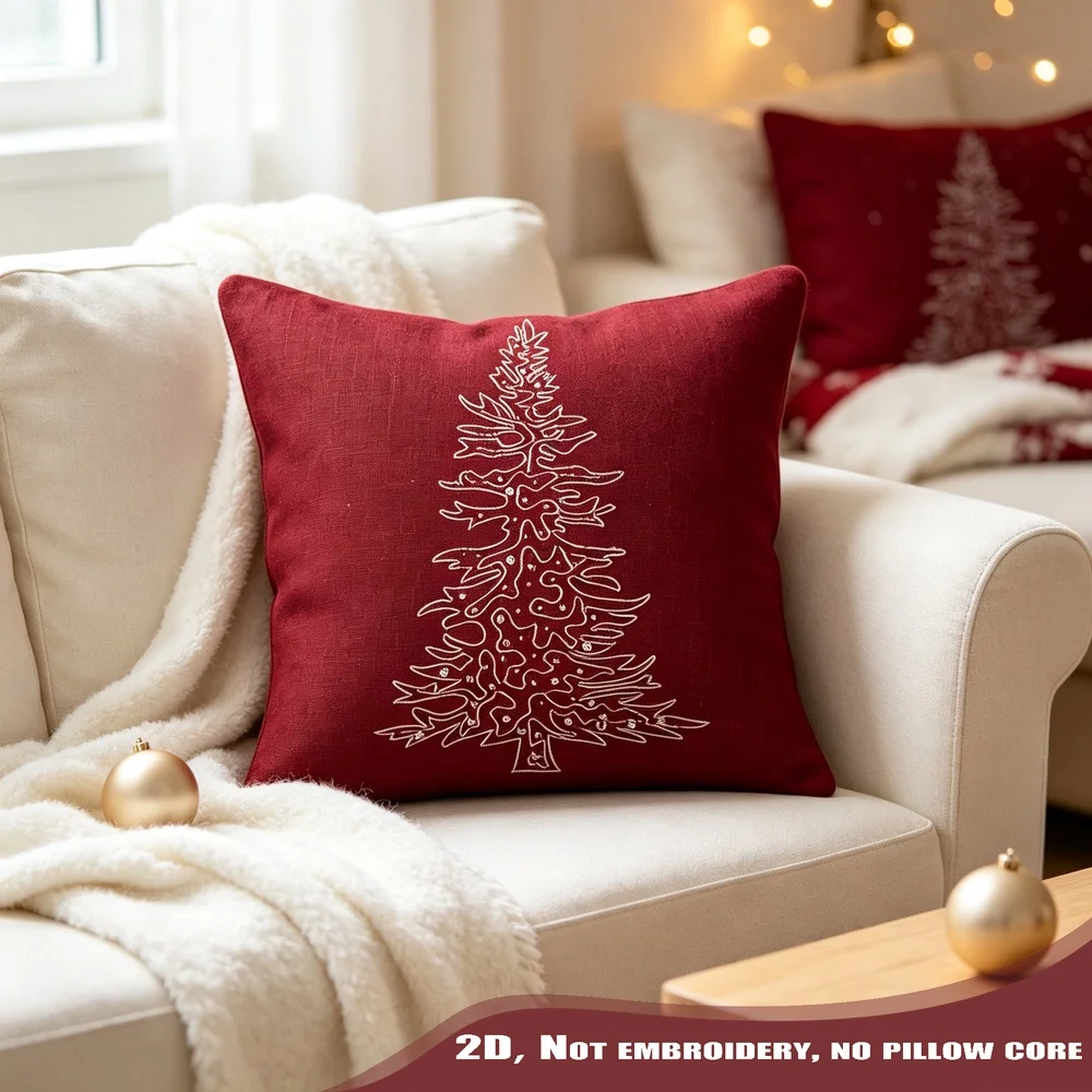 2PCS Burgundy White Christmas Tree Pillow CoverPolyester Cushion Case for Sofa Couch Living Room Bedroom Home Decor