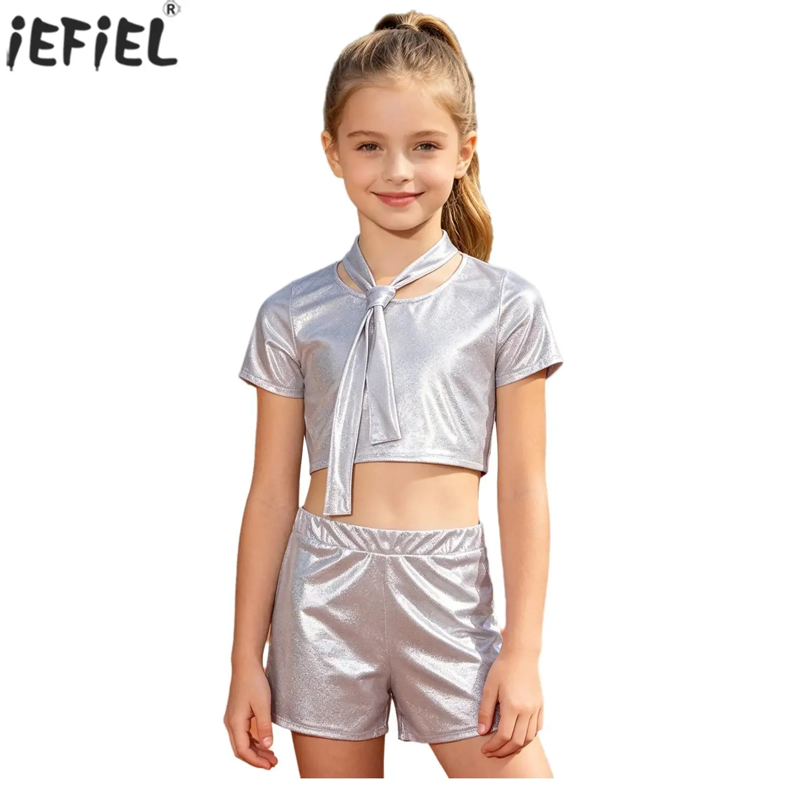 Kids Boys Girls Jazz Dance Outfit Metallic Short Sleeve Necktie T-shirt with Shorts for Street Hip Hop Cheerleading Performance