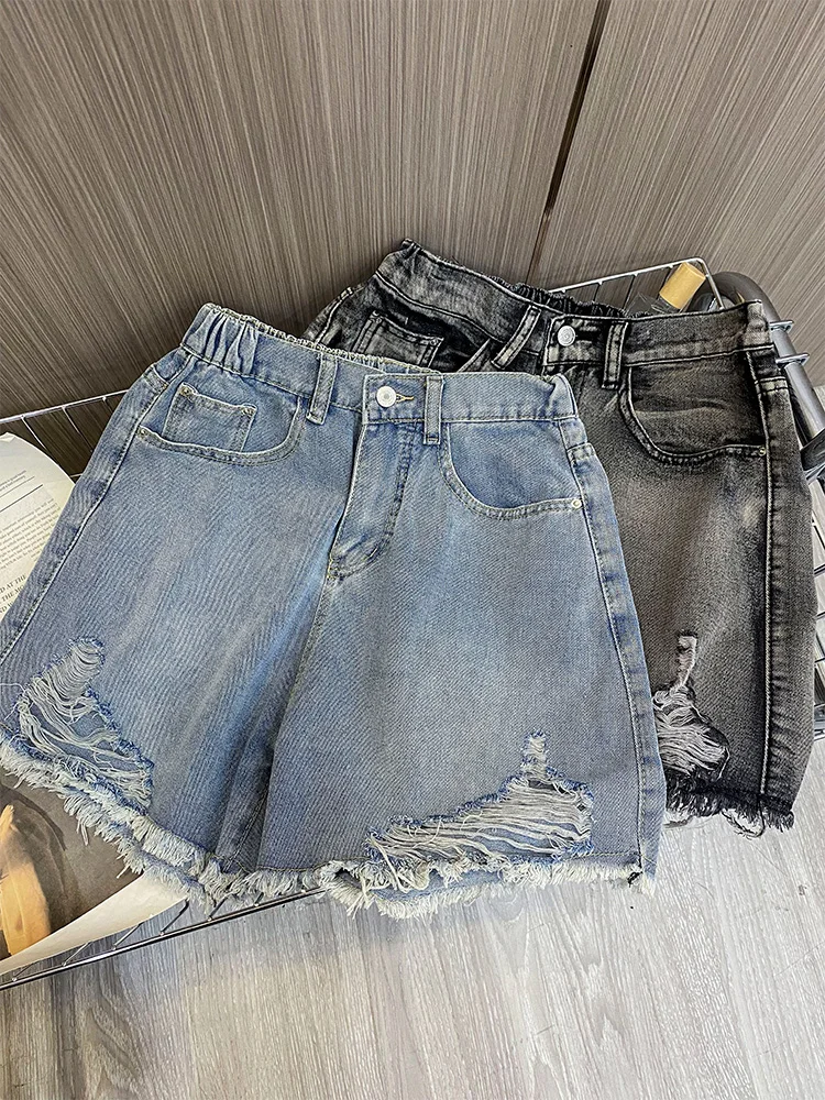 

plus Size 300 Pou American Retro Hole Ruffle Jeans orts Women Fat MM Leg Lengthening Wide Leg A-Line Hot Pants Summer
