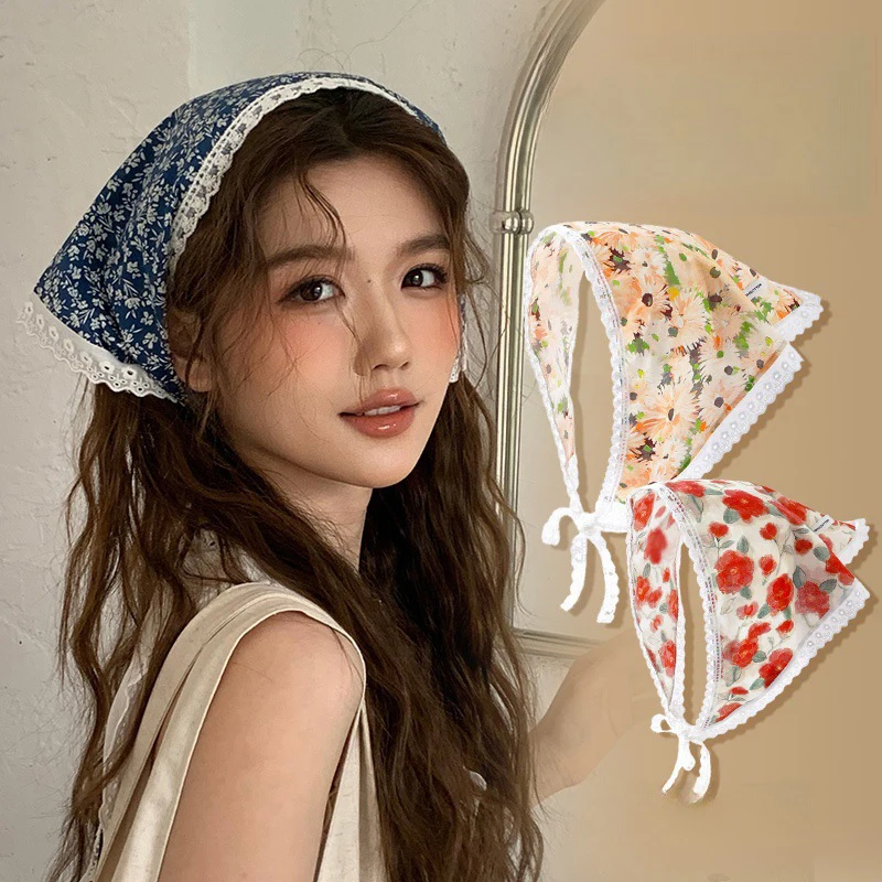 Diadema de encaje de estilo Pastoral Ins coreano, pañuelo para la cabeza, banda triangular Retro, bolsa para el pelo, pañuelo para la cabeza, sombrero, turbante de viaje, accesorio