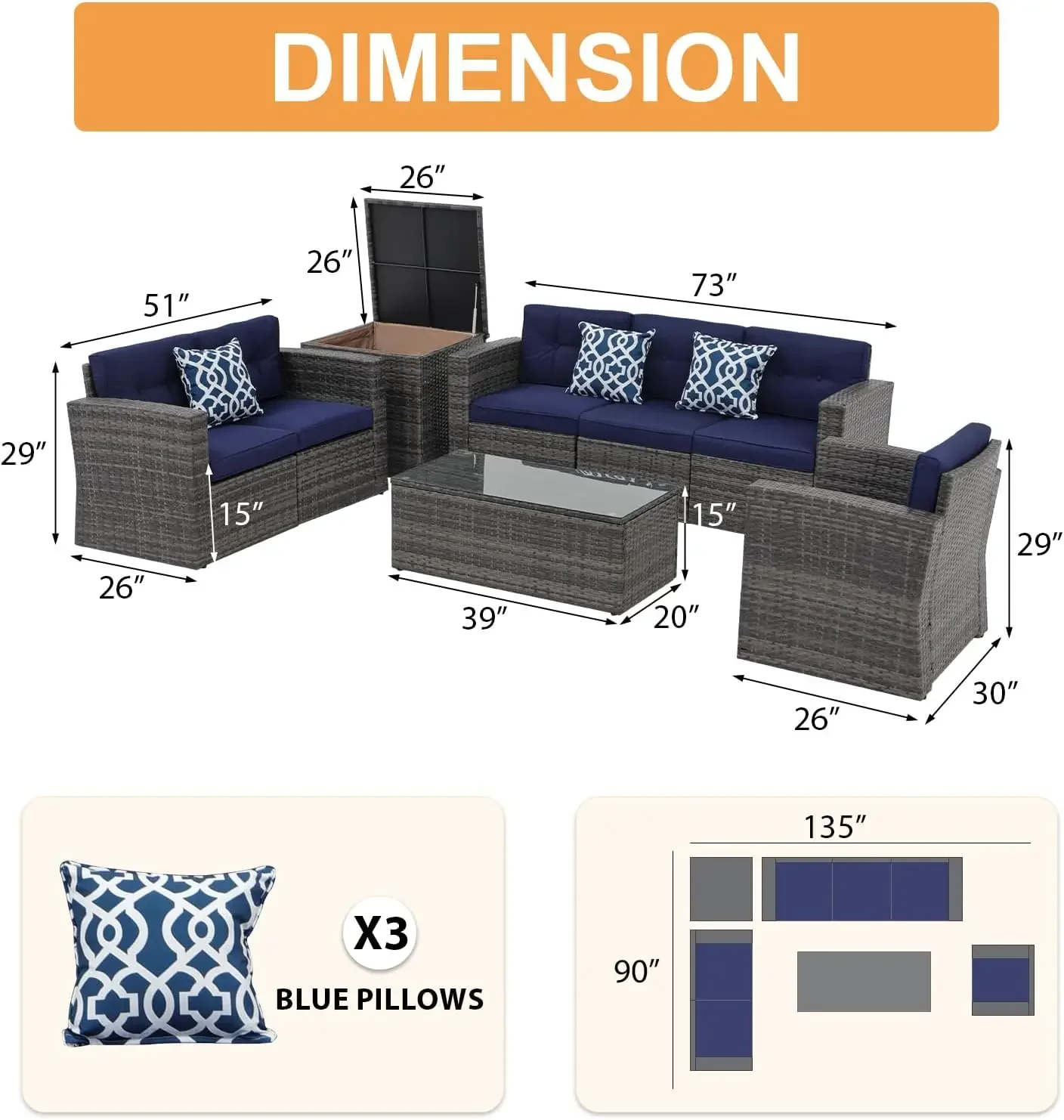 Patio Conversation Sets, All-Weather PE Wicker Outdoor Sectional Sofa with Ottoman, Tempered Glass Coffee Table