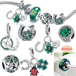 Nieuwe Echte 925 Sterling Zilveren Groene Klavertje Vier Geluk Bengelen Charme Fit Pandora Armband Kettingen Hanger Diy Sieraden Cadeau