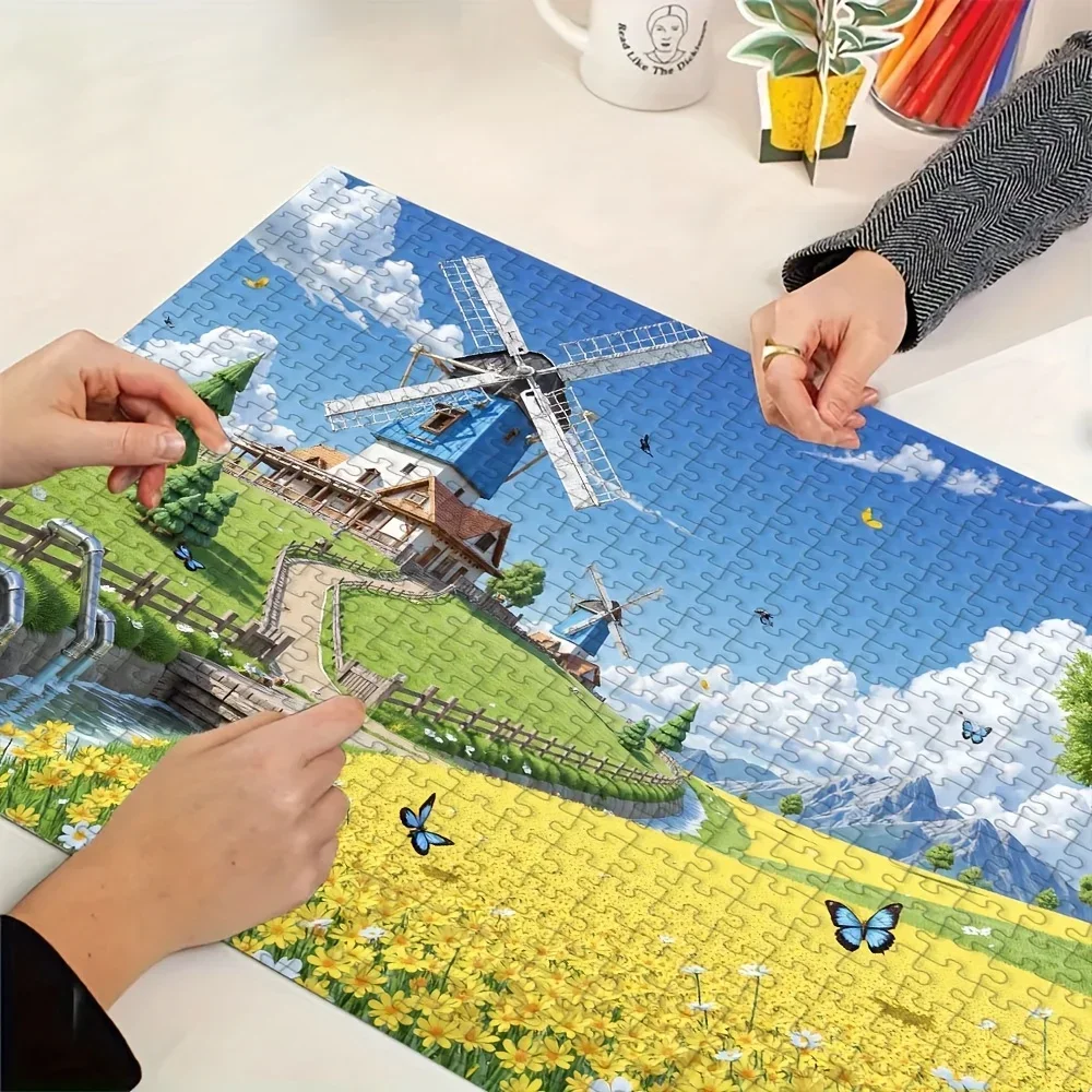 120/300/500/520/1000/1314 peças moinho de vento e campo de flores quebra-cabeça de madeira para decoração de quarto sala de estar jogo de desafio de dificuldade