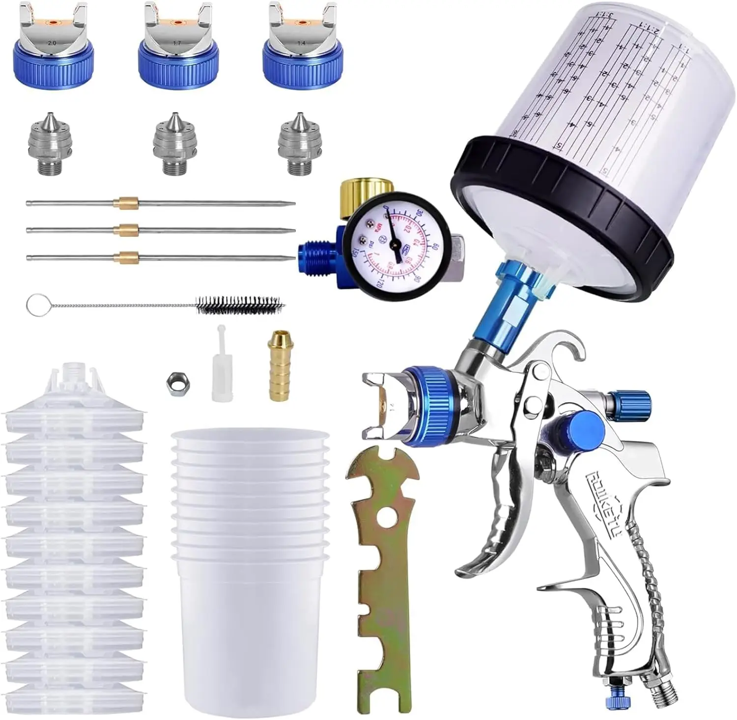 

HVLP Paint Sprayer with 10pcs 600ML Mixing Quick Cup,Spray Paint Gun Set Contain 3 Nozzles 1.4/1.7/2mm &Pressure Gauge