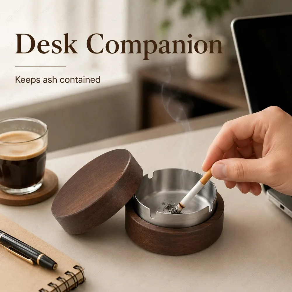Wooden Cigar Ashtray with Lid Stainless Steel Insert Smoke Containment Windproof Ash Holder for Living Room Office Desktop Table