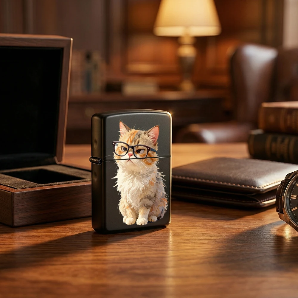 Cute Cartoon Style Flip Top Lighter, Grumpy Fluffy Calico Cat With Glasses Art Print, For Collection Daily Use