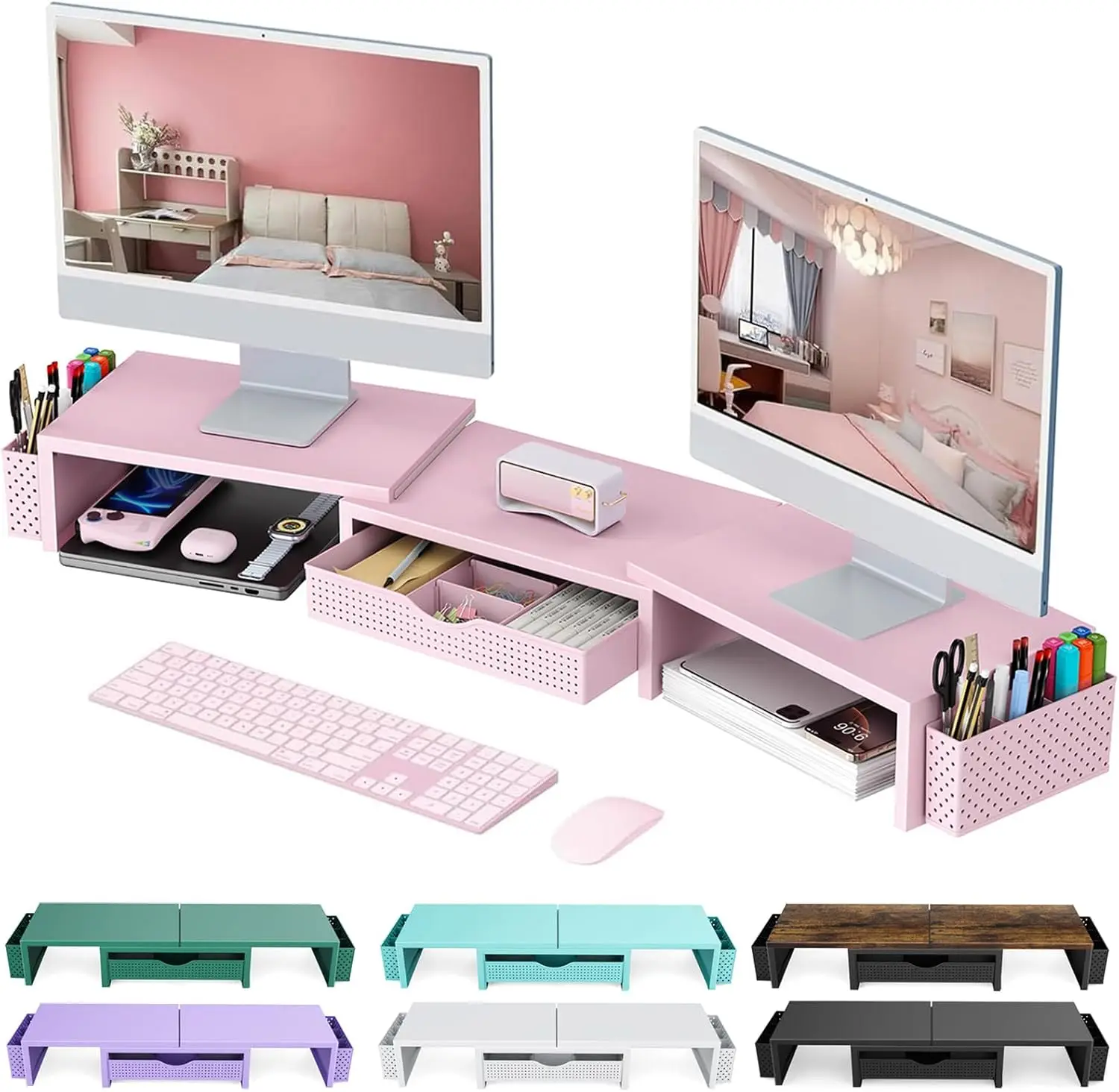 

Dual Monitor Stand Riser with Drawer & Pen Holders, Pink Desk Organizer