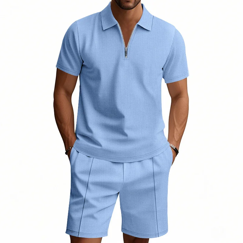Men's Summer Versatile Waffle Solid Color Casual Loose Lapel T-Shirt Set