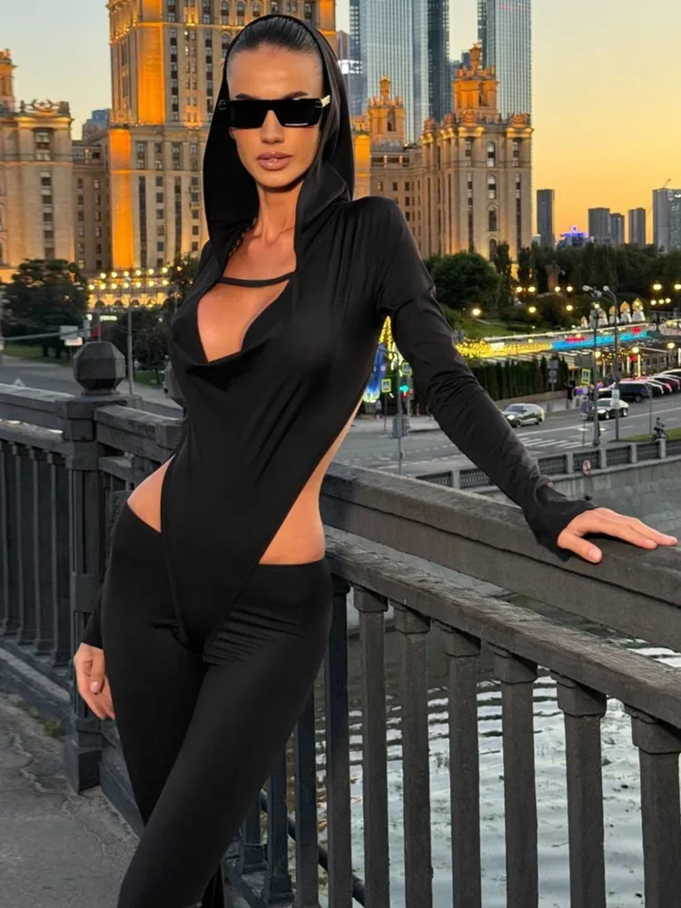 XIAOTANG Sexy Solid Hollow Out Slim Fit Hooded Long Sleeved Jumpsuits for Women Fashion Bodycon Jumpsuits  Autumn Streetwear