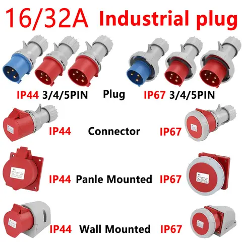 16/32A 산업용 플러그 및 소켓 3P/4P/5Pin 전기 커넥터 IP67 벽 장착형 소켓 암수 플러그