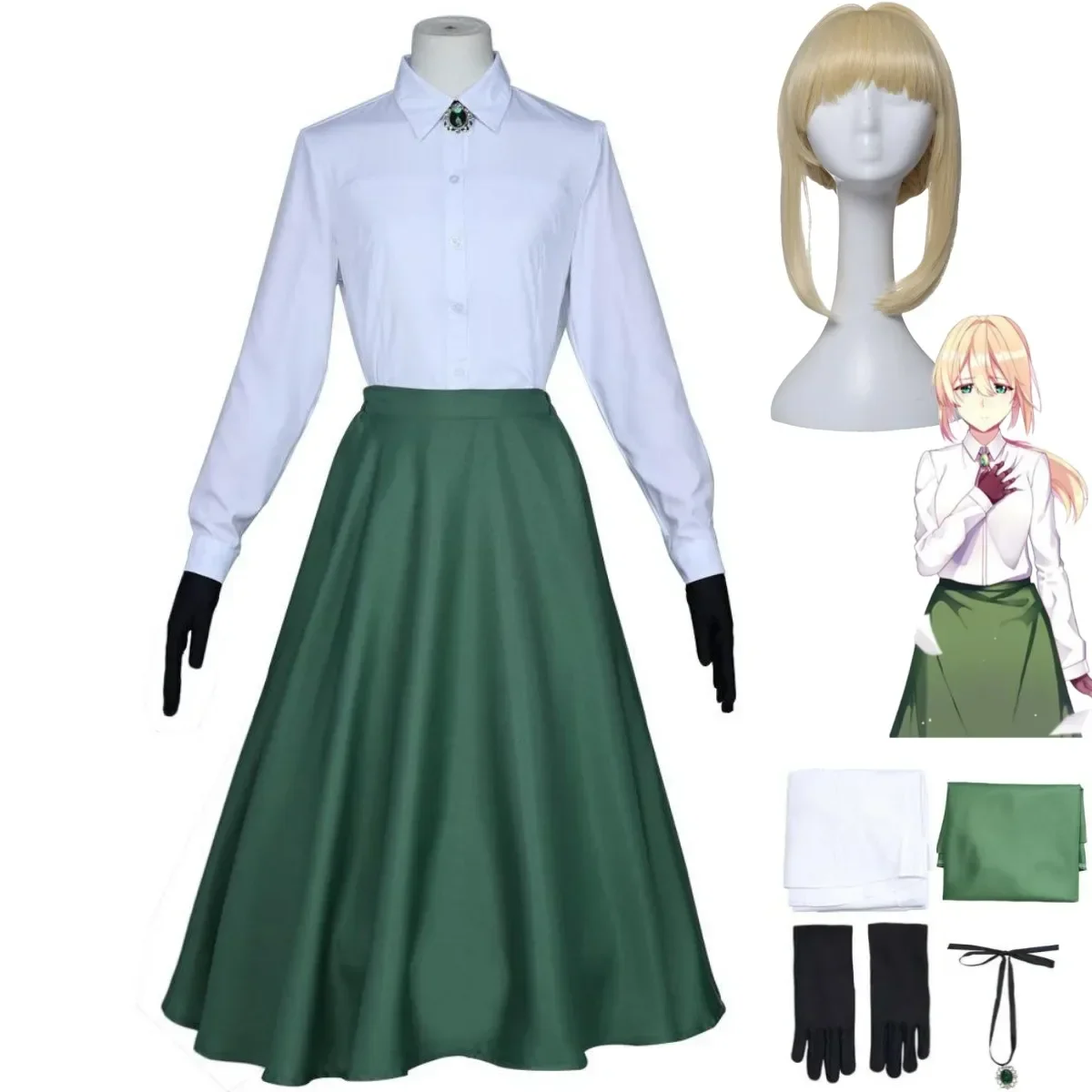 Disfraz de Anime Violet Evergarden para mujer adulta, conjunto completo de camisa blanca con peluca y falda, traje Sexy para carnaval y fiesta de Halloween