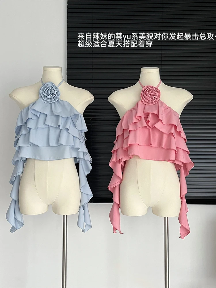 2023 Summer Women Camis Backless Design Stacked Ruffle Suspender Vest Sexy Crop Top Streetwear Aesthetic French Vintage Fashion