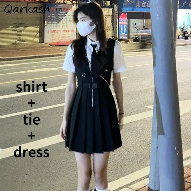 Komplety damskie Casual Short Sleeve Newly Summer Shirt with Tie and Black Slim Sleeveless Pleated Mini Vestidos Harajuku Chic Outfits