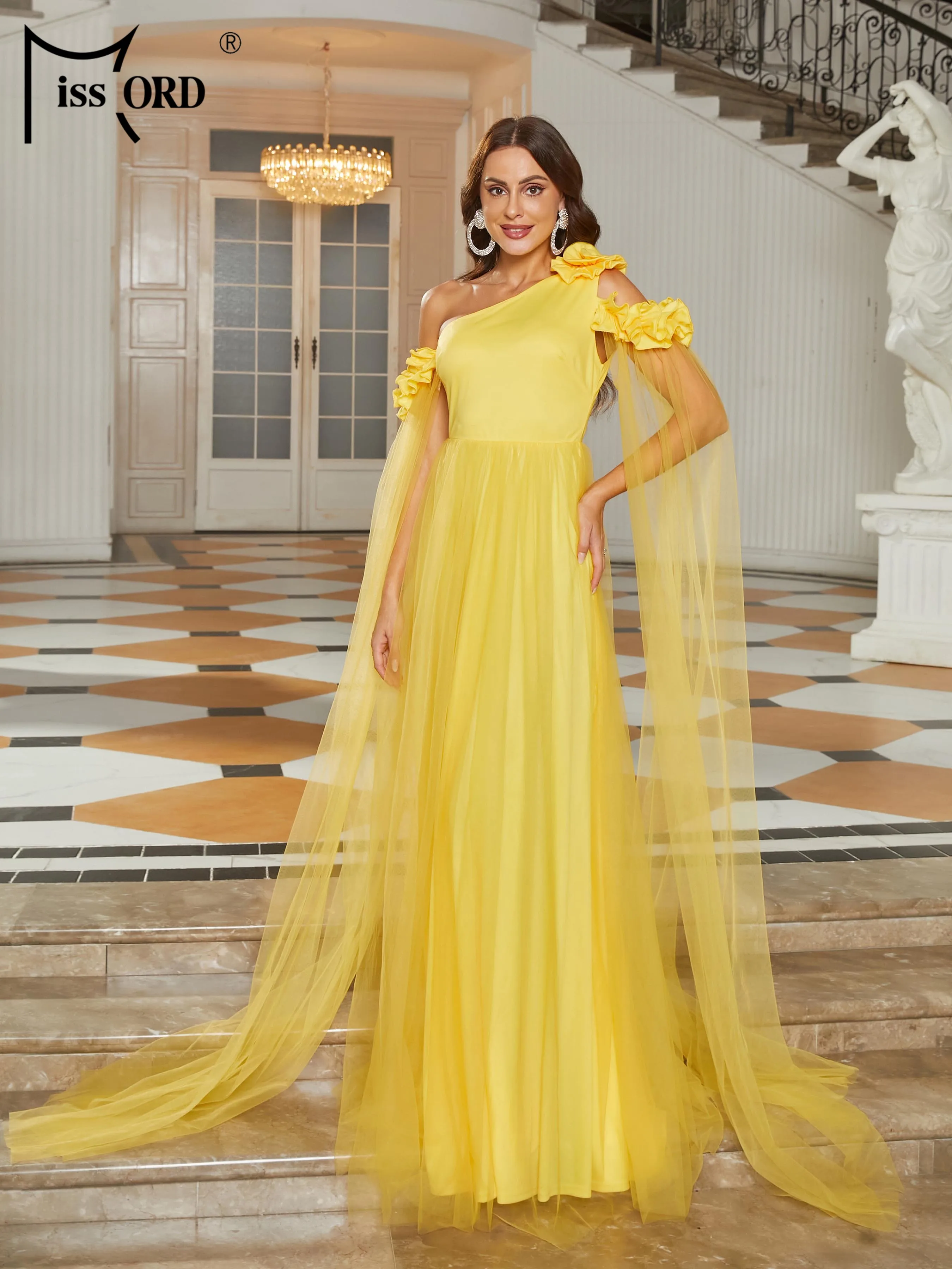 

Missord Elegant Yellow A-line Evening Dress Women One Shoulder Mesh Split Sleeve Appliques Loose Party Dresses Prom Gown