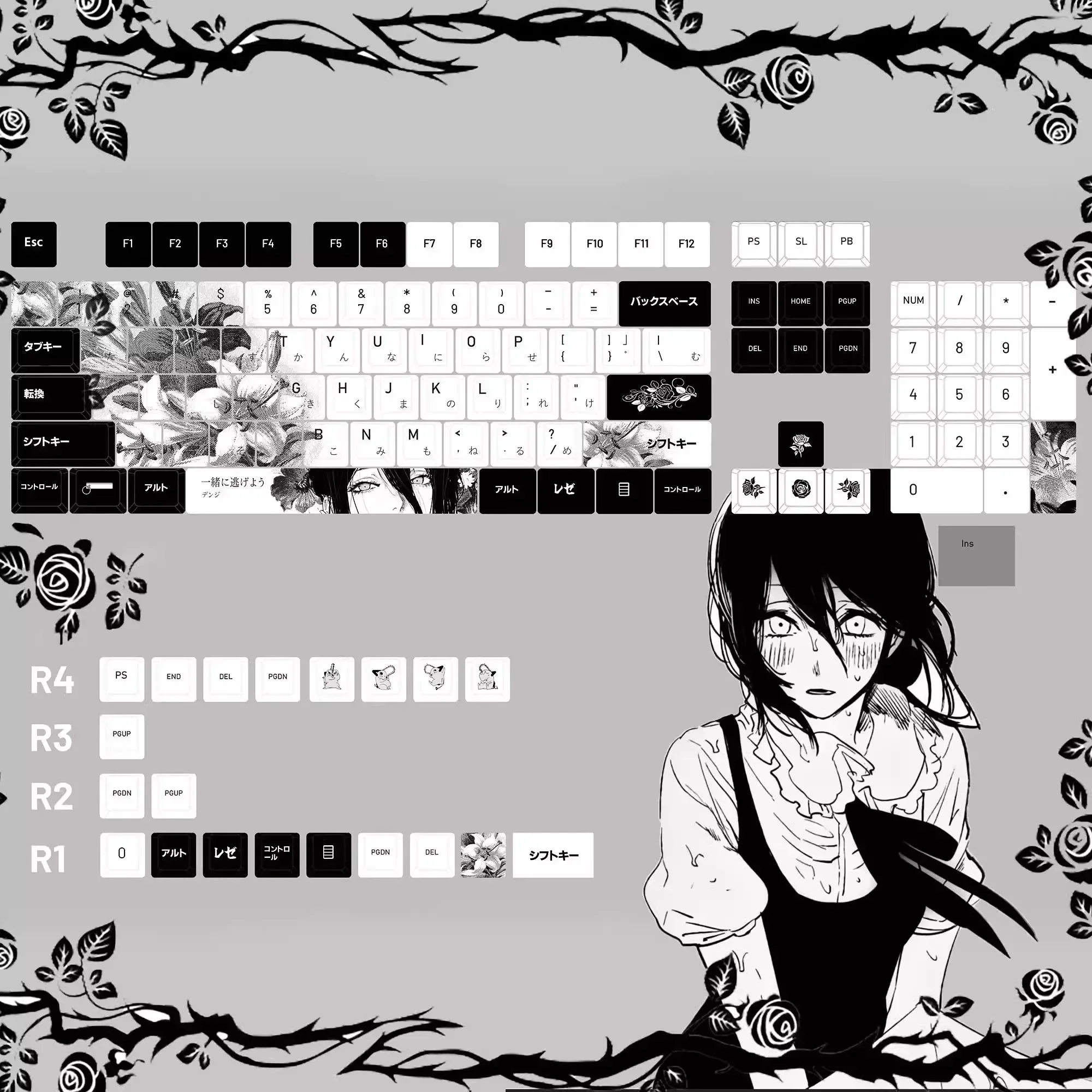 White Black Anime Theme Keycaps Set Customized PBT Sublimation Cherry Profile Keyboard Caps for Mechanical Keyboard Accessories