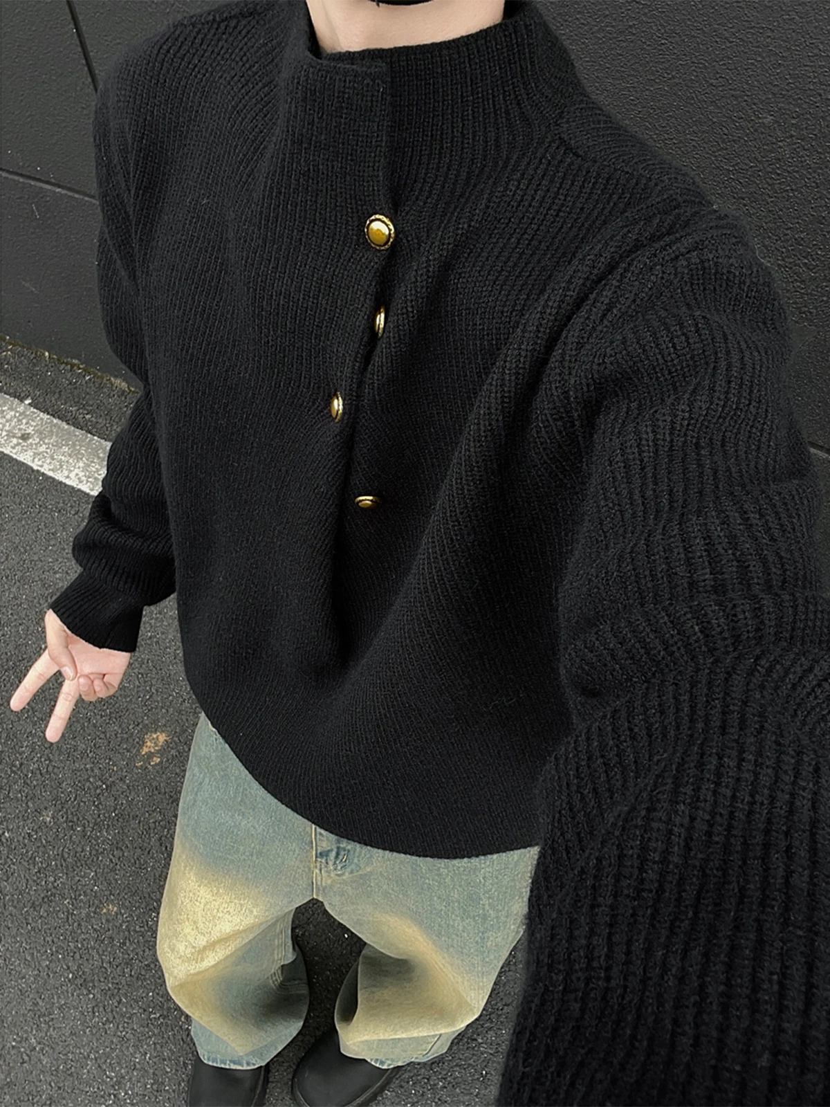 Irregular Button Design High Collar Sweaters Men Autumn New Trendy Stylish Oversize Knitted Tops Male Solid Color Chic Knitwears