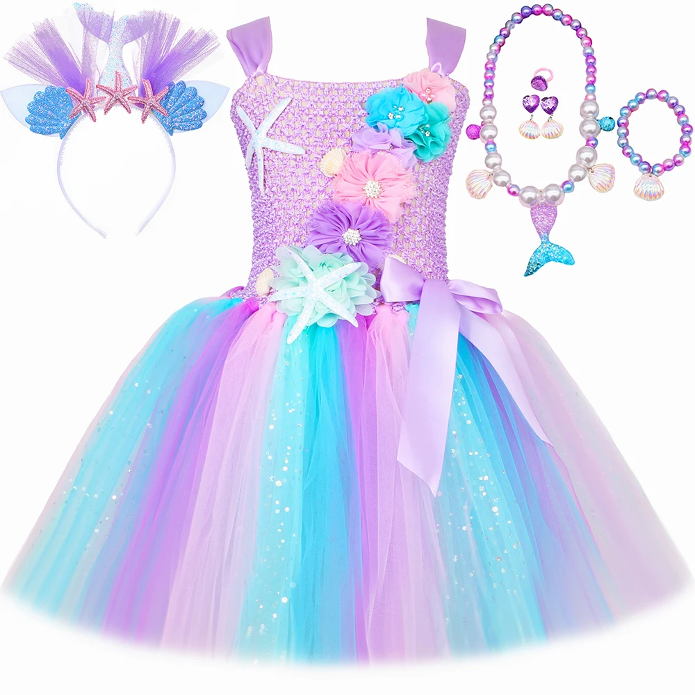 Princess Mermaid Dress for Girls Pastel Flowers Birthday Party Tutu Dresses Halloween Little Mermaid Costume for Kids Clothes