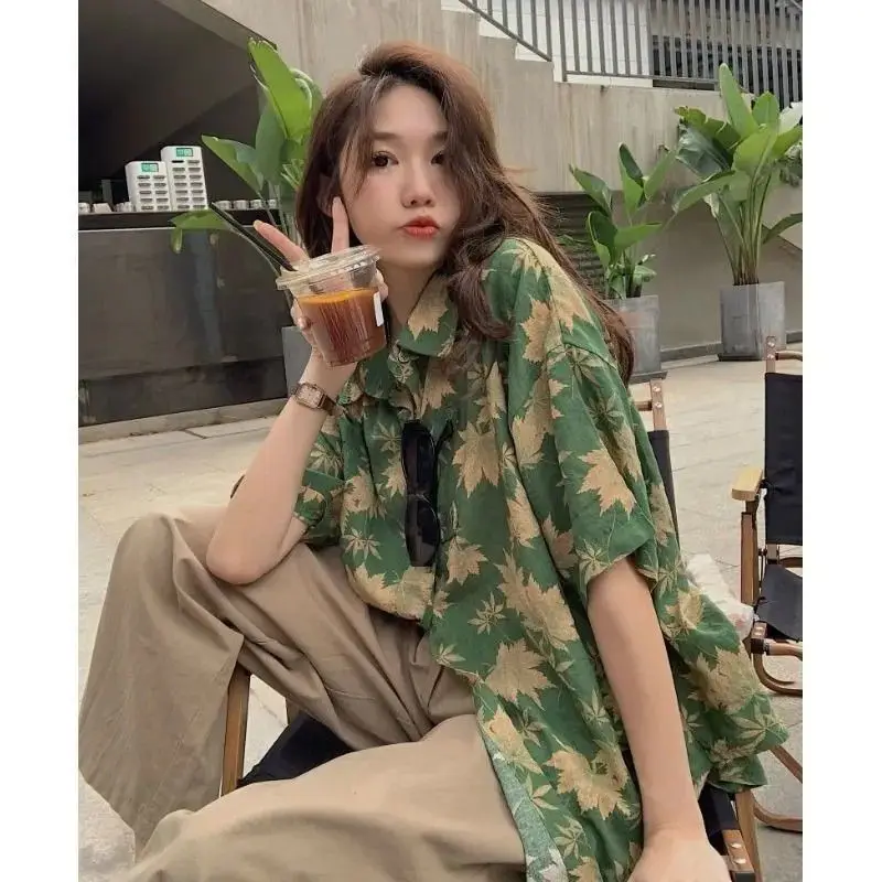 Summer Woman Clothing Leaf Flower Pattern Printing Short Sleeve Shirt Retro Korean Hongkong Japan Style Loose Casual Trend Basic