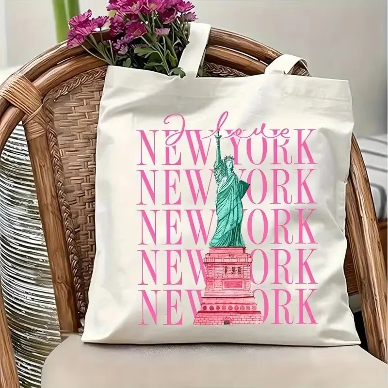 Aesthetic New York Canvas Tote Bag Women Pink Letter Print Statue of Liberty Shopper Bag Fashion Graphic Daily Shoulder Handbag