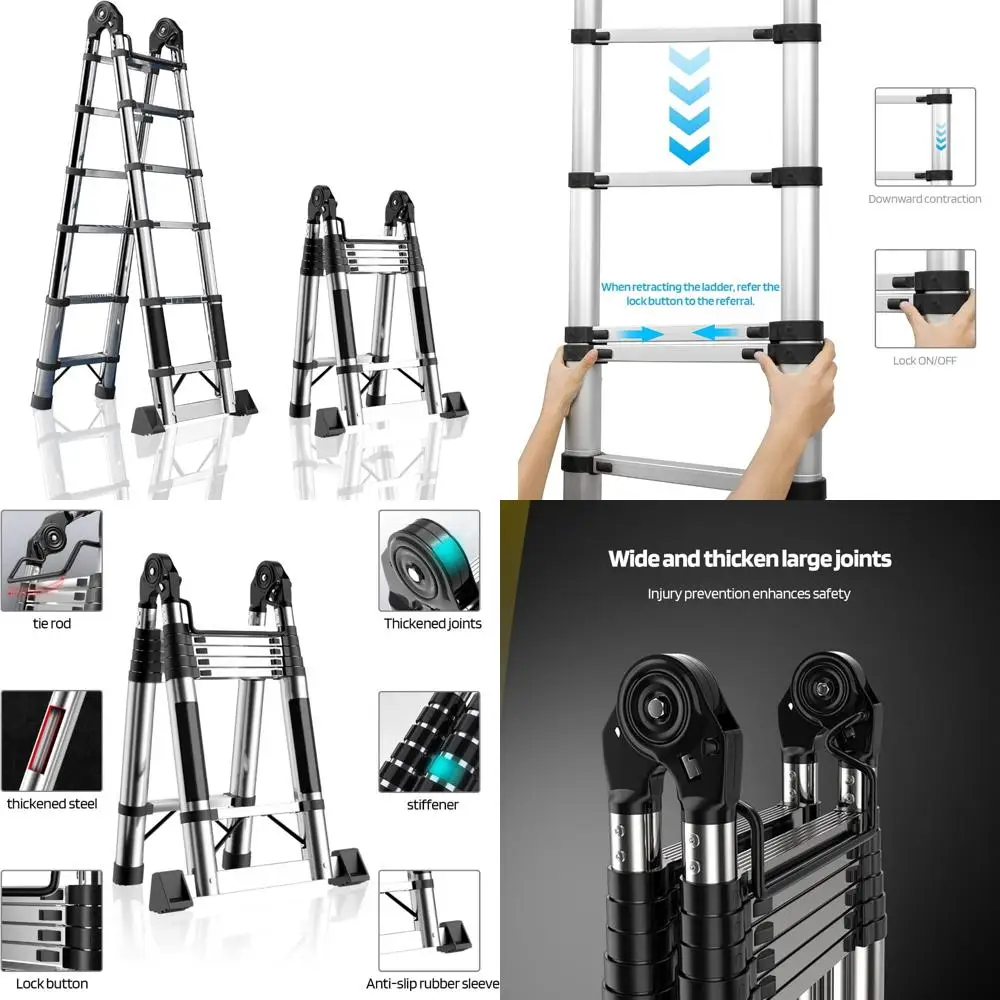 سلم تلسكوبي 16 قدم من الفولاذ المقاوم للصدأ، إطار A بطول 8 أقدام قابل للطي، سعة 330 رطل، قابل للطي مع أقفال أمان، مناسب للخارج #1
