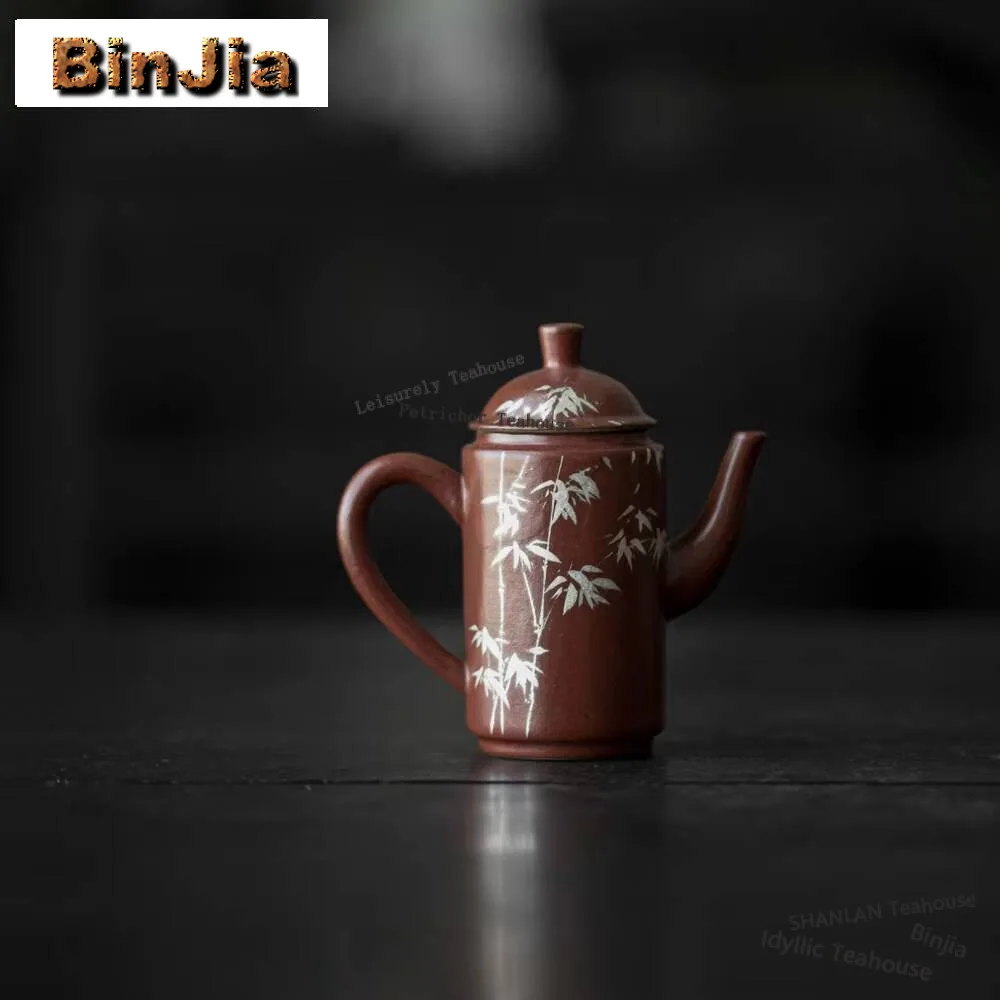 

75ml Hand Drawn Trace Silver Bamboo Tea Pot Antique Palace Red Filter Small Pot Tea Making Kettle Kung Fu Teaset Collection Gift