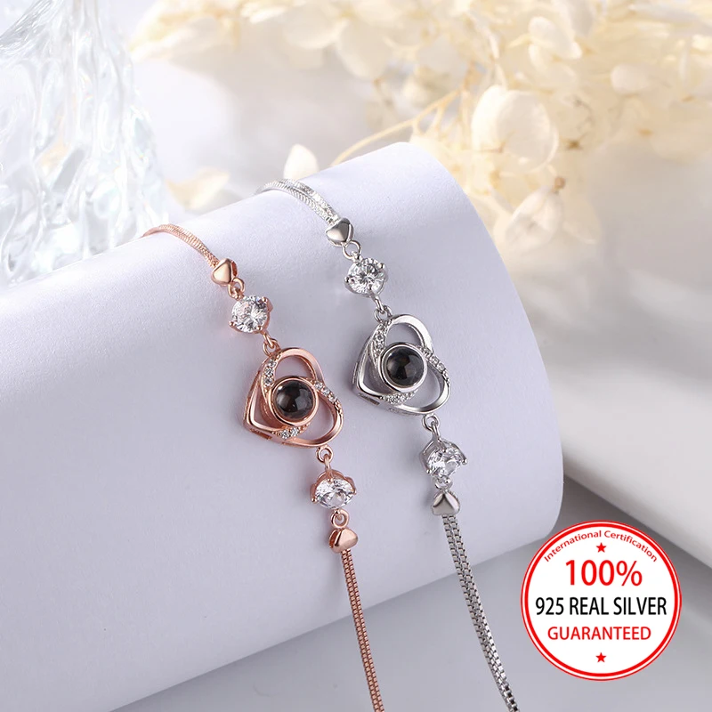 925 Sterling Silver Custom Color Picture Projection Heart Pendant Bracelet Elegant Birthday Anniversary Gift For Girlfriend New