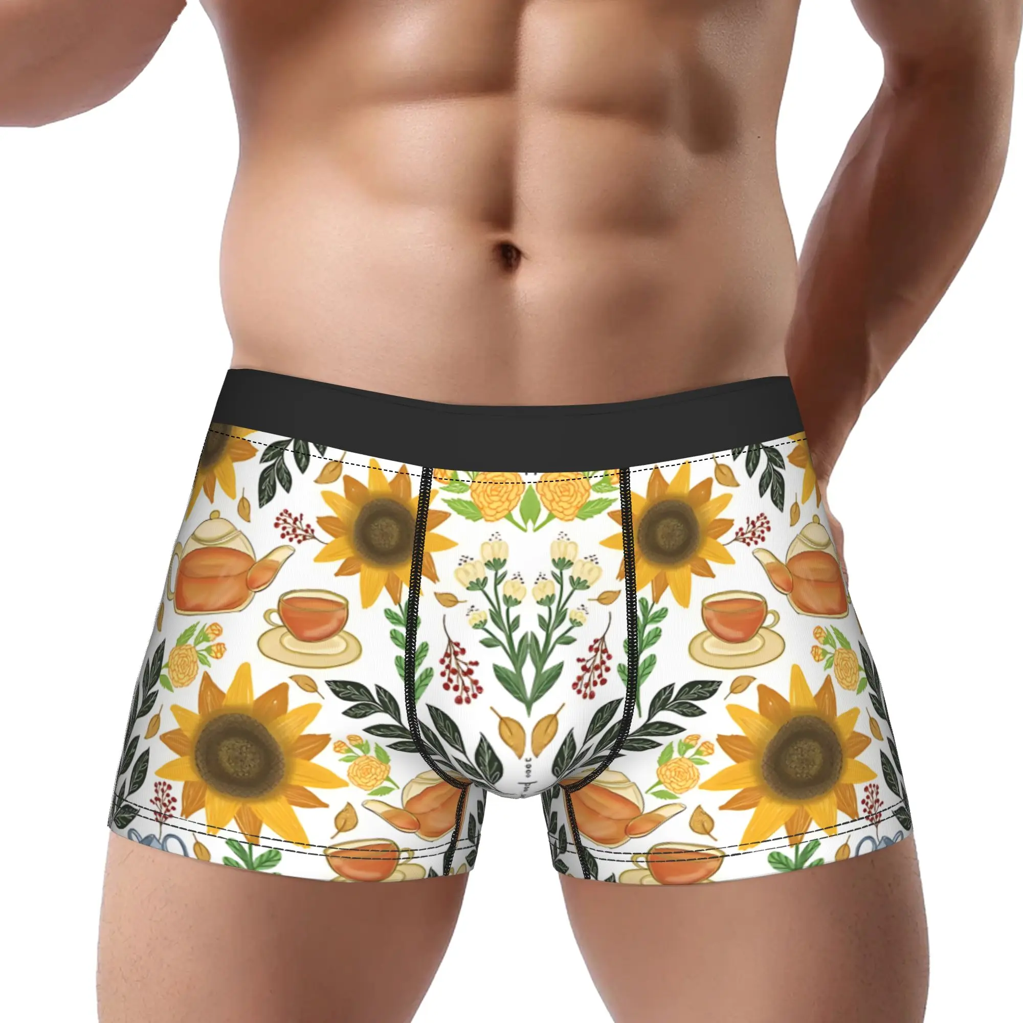 Golden Tea Time And Sunflowers Underpants Breathbale Panties Man Underwear Sunflower Print Shorts Boxer Briefs