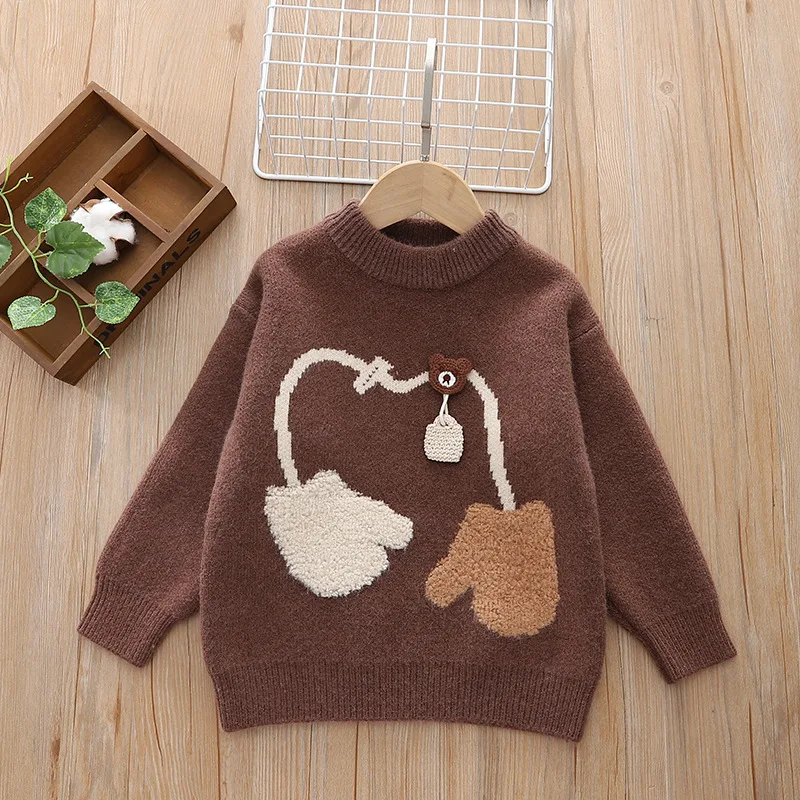 2-10Y Boys Spring Autumn Sweater Fluffy Glove Patchwork Cartoon Bear Kid Boys Pullover Thicken Round Collar Toddler Baby Boy Top