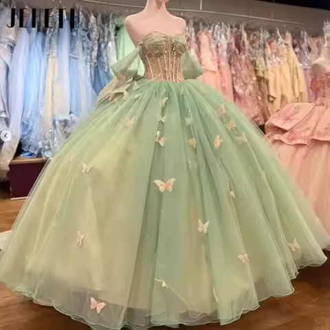 JEHETH Butterfly Appliqu&eacute; Quinceanera Dress Sweetheart Long Train Adult Gown Corset Bow Shimmering Off Shoulder Evening Dress