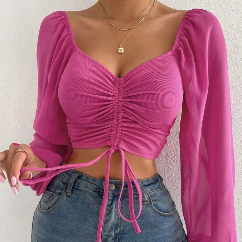

Sexy Mesh Lantern Sleeves Drawstring Wrap Chest Bare Midriff T Shirt Women Long Sleeves Bottoming Shirt Ladies Tee Shirt Tops