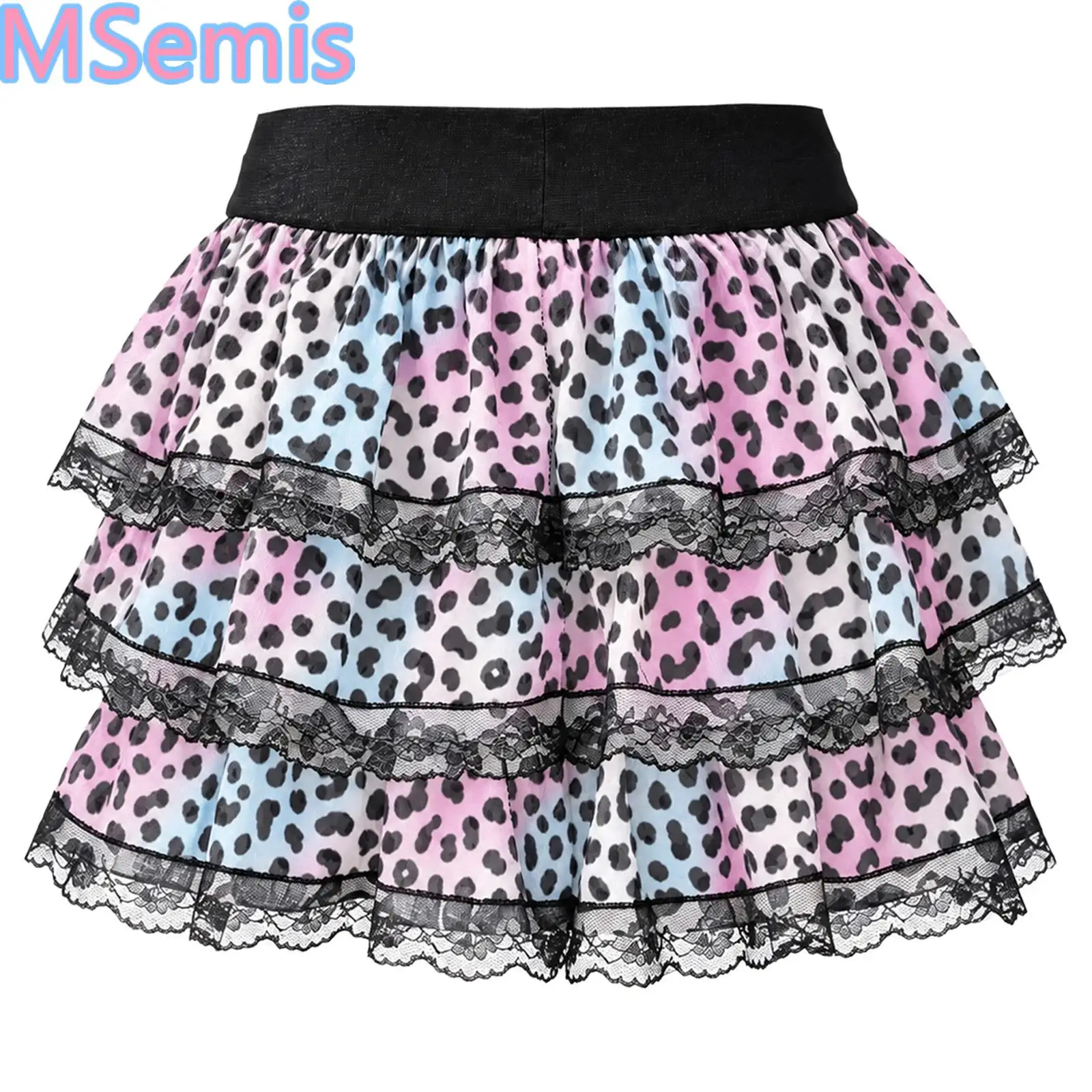 Girls Lace Trim Leopard Print Tiered Ruffle Skirt Elastic Waistband Skirts with Built-in Shorts Weekend Hangouts Casual Outings