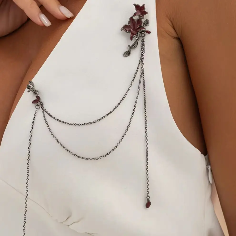 IngeSight.Z Gothic Red Flower Long Tassel Chains Brooch Women Creative Blazer Dress Bag Chain Halloween Party Jewelry Accessory